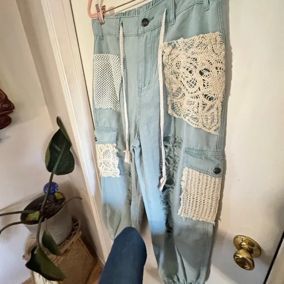 POL Dusty teal Distressed Cargo Pants with Lace Accents - Picture 9 of 15